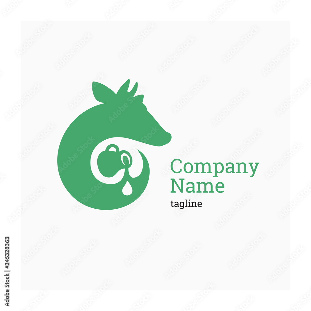 Logo for dairy company. Vector illustration cow and jug of milk. Label ...