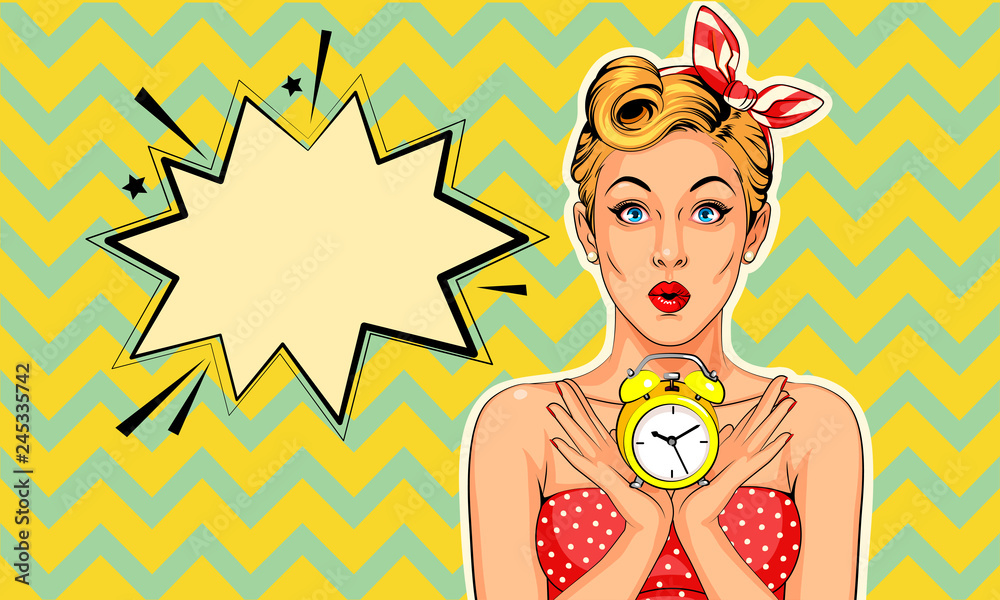 Pinup Clock Face Beautiful pin up model with alarm clock vector illustration in pop art ...