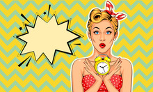 Beautiful Pin Up Model With Alarm Clock Vector Illustration In Pop Art Style
