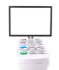 The White remote control and TV isolated on white background