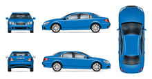 Blue Car Vector Mockup For Vehicle Branding, Advertising, Corporate Identity. Isolated Template Of Realistic Sedan On White Background. All Elements In The Groups On Separate Layers For Easy Editing