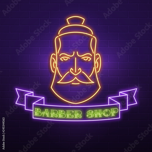Neon Sign Barber Shop Banner Ribbon And A Man S Face The