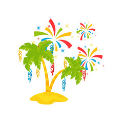 Canvas Print - Green palm trees on the sand and colorful festive salute. Brazilian carnival theme. Flat vector design