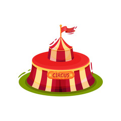 Wall Mural - Small red circus tent with flag on top. Entertainment theme. Flat vector element for promo poster of fun fair