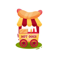 Canvas Print - Small carnival cart with hot dogs. Vending trolley. Fast food. Circus and amusement park theme. Flat vector design