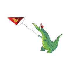 Wall Mural - Humanized crocodile kid launching kite in the air. Green alligator in red cap. Wild animal. Cartoon vector design