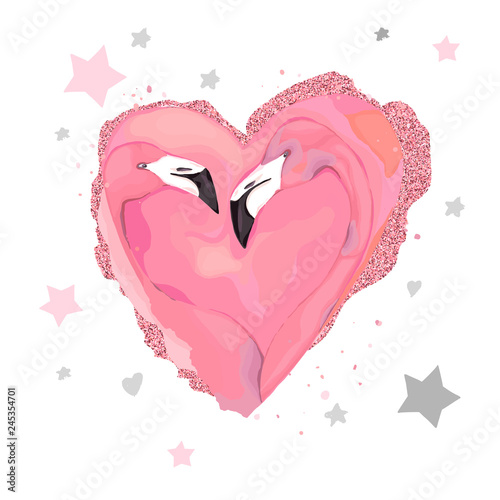 Pink flamingo couple with stars and heart. Vector illustration. Fashion glamo...