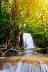 Wall Mural - Erawan Waterfall in Thailand is locate in Kanchanaburi Provience. This waterfall is in Erawan national park
