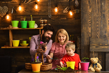 Father and son with mother. happy gardeners with spring flowers. Flower care watering. Soil fertilizers. woman, man and little boy child love nature. Family day. Greenhouse. Family business