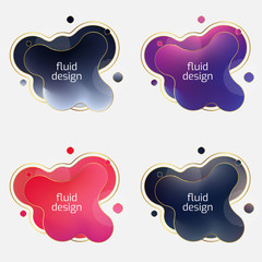 Set of four trendy liquid color abstract geometric shapes with gradient mesh colors and gold lines