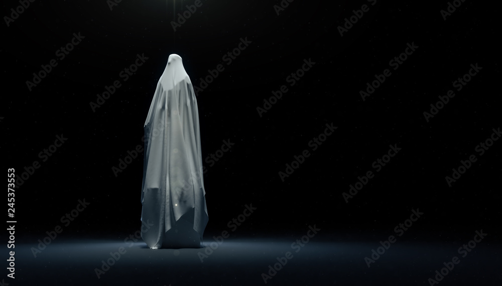 statue on cube podium draped with white cloth. Before the opening piece of art, grand opening, new product concept, 3d rendering - obrazy, fototapety, plakaty 