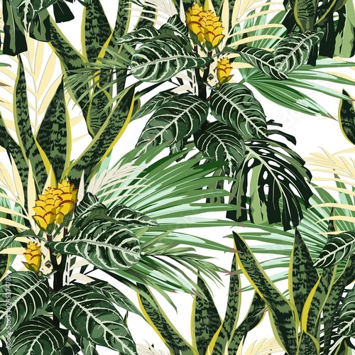 Seamless pattern, bright green colors palm leaves and tropical exotic yellow flowers on white background.