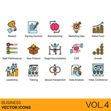 Business Icons Including Reward, Signing Contract, Brainstorming, Marketing Idea, Raise Fund, Staff Performance, New Product, Target Accomplished, CSR, Growth, Leadership, Training, Sexual Harassment.