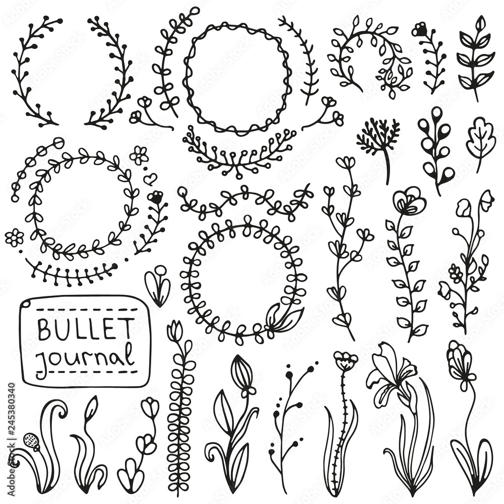 Image vectorielle Stock Bullet journal hand drawn vector elements for  notebook, diary and planner. Set of doodles branches, herbs, flowers, plants.  | Adobe Stock
