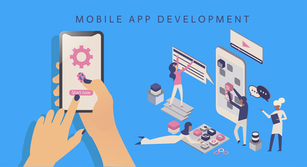 Modern flat design isometric concept of App Development for website and mobile website with people. icons, phone,hand. Easy to edit and customize. Vector illustration with background.