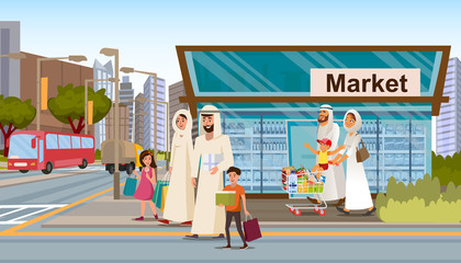 Wall Mural - Family Shopping in Muslim District Flat Vector