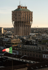 Wall Mural - Milan (Italy) skyline with Velasca Tower (Torre Velasca) at sunset. This famous skyscraper, approximately 100 metres tall, was built in the fifties.