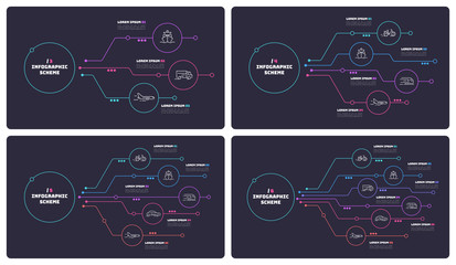 Thin line infographic schemes with 3 4 5 6 options. Vector templates for web, presentations, reports, visualizations. 