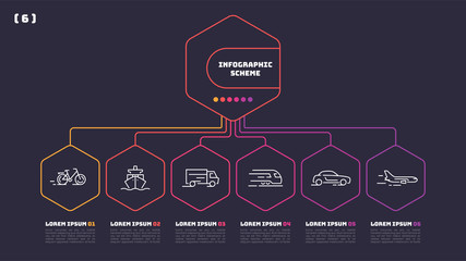 Wall Mural - Thin line infographic scheme with 6 options. Vector template for web, presentations, reports, visualizations.