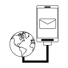 Canvas Print - Smartphone email symbol and world network internet in black and white