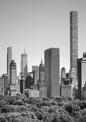  Black and white picture of New York skyscrapers by the Central Park, USA.