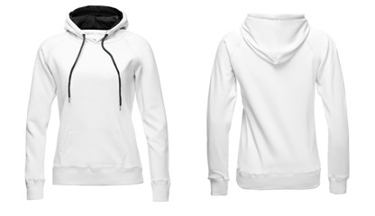 Wall Mural - White female hoodie sweatshirt long sleeve, women hoody with hood for your design mockup for print, isolated on white background. Template sport clothes