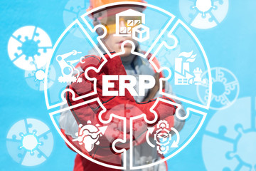 Poster - industry worker working on a virtual screen of the future and sees the abbreviation: erp. erp enterp