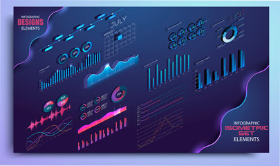 Isometric set of infographics with data financial graphs or diagrams. Modern infographic vector