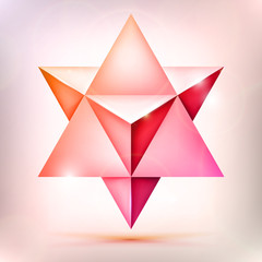 Poster - 3d Merkaba, esoteric crystal, sacral geometry shape, volume pink and orange star with light effect, unreal form, abstract vector object