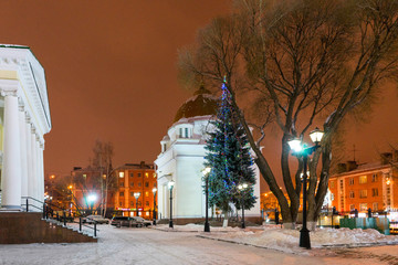 Wall Mural - The courtyard of the Alexander Nevsky Cathedral in Izhevsk and the Christmas tree. Russia