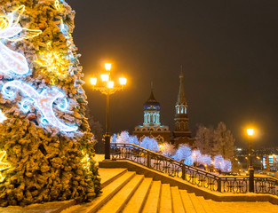 Wall Mural - Christmas tree and the Temple of the Kazan Icon of the Mother of God in Izhevsk. Russia