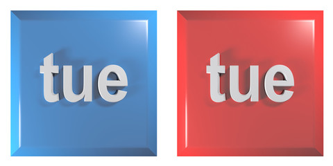 Poster - Blue and red couple of square push buttons TUESDAY - 3D rendering illustration