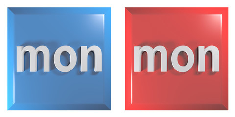 Poster - Blue and red couple of square push buttons MONDAY - 3D rendering illustration