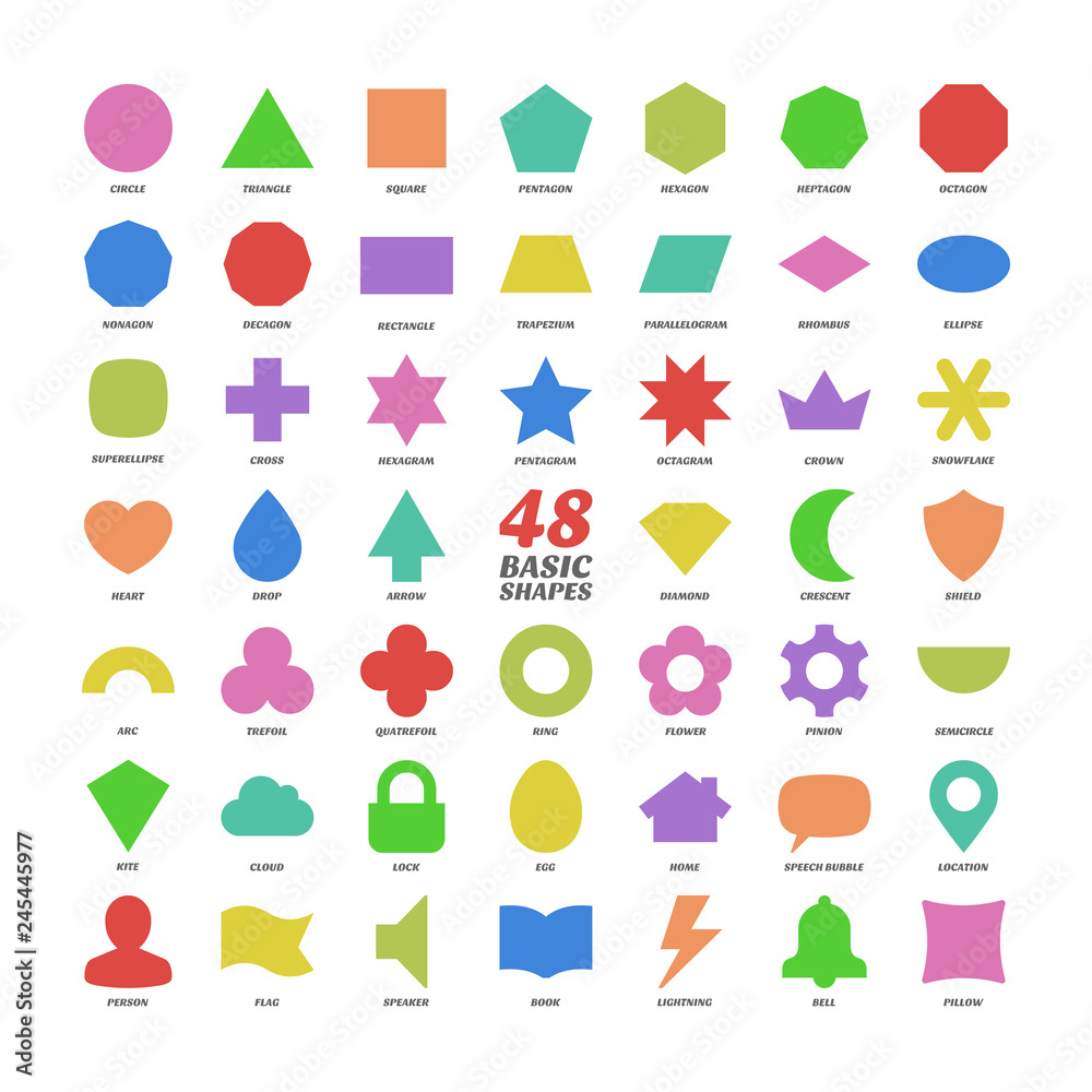 Big vector set basic shapes. Kids flat geometric figures school large ...