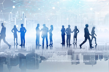 Canvas Print - Business team in city, network interface