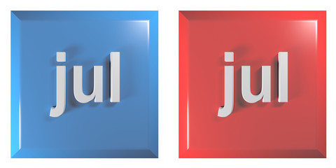 Poster - Blue and red couple of square push buttons JULY - 3D rendering illustration