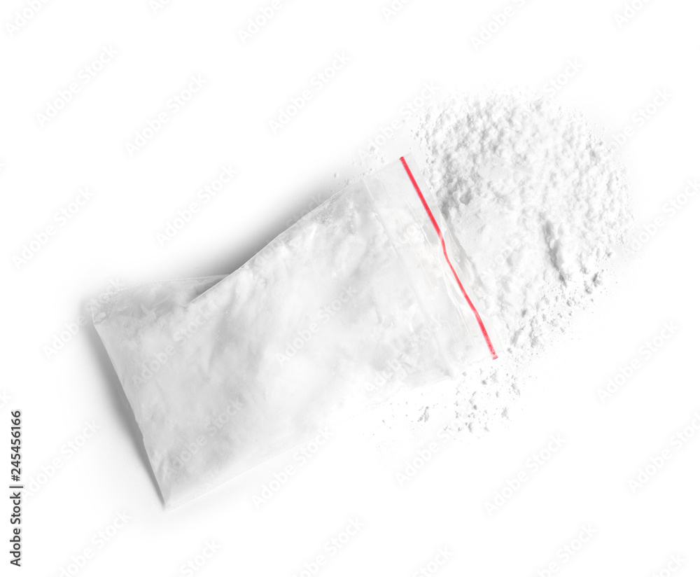 Cocaine in plastic bag on white background, top view Stock Photo ...