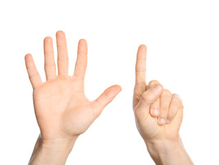 Man showing sign six on white background, closeup. Body language