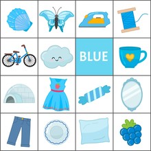 Learn The Primary Colors. Blue. Different Objects In Blue Color. Educational Material For Children And Toddlers.