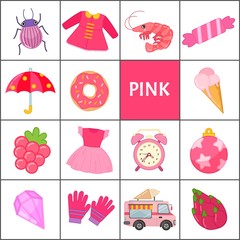 Wall Mural - Learn the primary colors. Pink. Different objects in pink color. Educational material for children and toddlers.