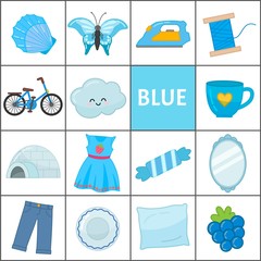 Wall Mural - Learn the primary colors. Blue. Different objects in blue color. Educational material for children and toddlers.