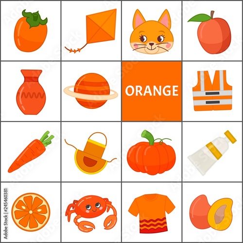 Learn the primary colors. Orange. Different objects in orange color