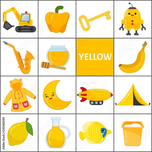 Download Learn The Primary Colors Yellow Different Objects In Yellow Color Educational Material For Children And Toddlers Stock Vector Adobe Stock