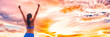© Maridav - Happy people with arms up in success - Happiness woman active lifestyle banner panorama background . Girl from back in sportswear.