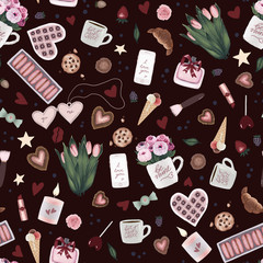 unique burgundy valentine's day seamless pattern with valentine hand drawn art, flower, coffee cup, heart, star, chocolate candy, cookie, ice cream, lollipop, kiss, make up, macaroons, perfumes.