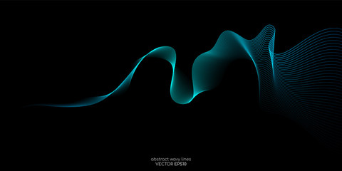 Wall Mural - abstract vector wave lines green and blue colors isolated on black background for design elements in
