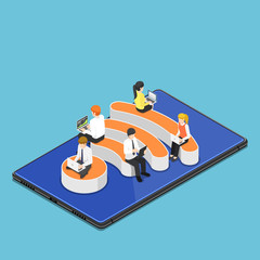 Wall Mural - Isometric busienss people with laptops working while sitting on Wi-Fi hotspot icon