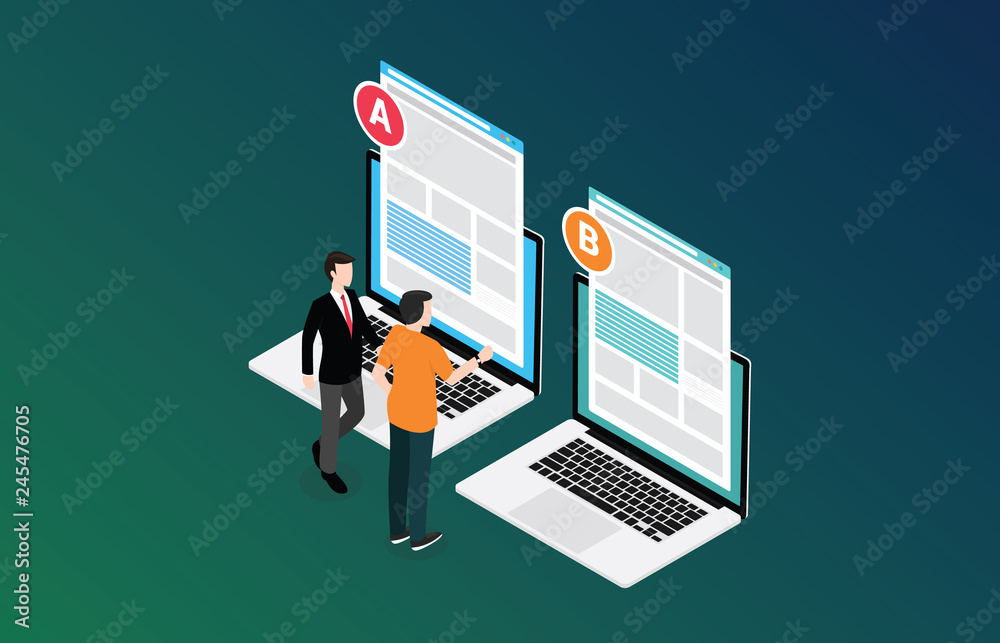 isometric 3d design ab a b split testing concept with two business men ...
