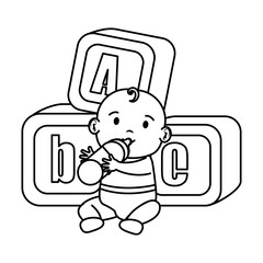 Sticker - little baby with alphabet blocks toys icons