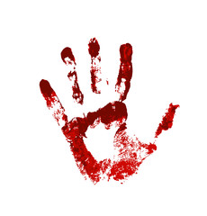 Hand in the red blood. Bloody handprint on white background